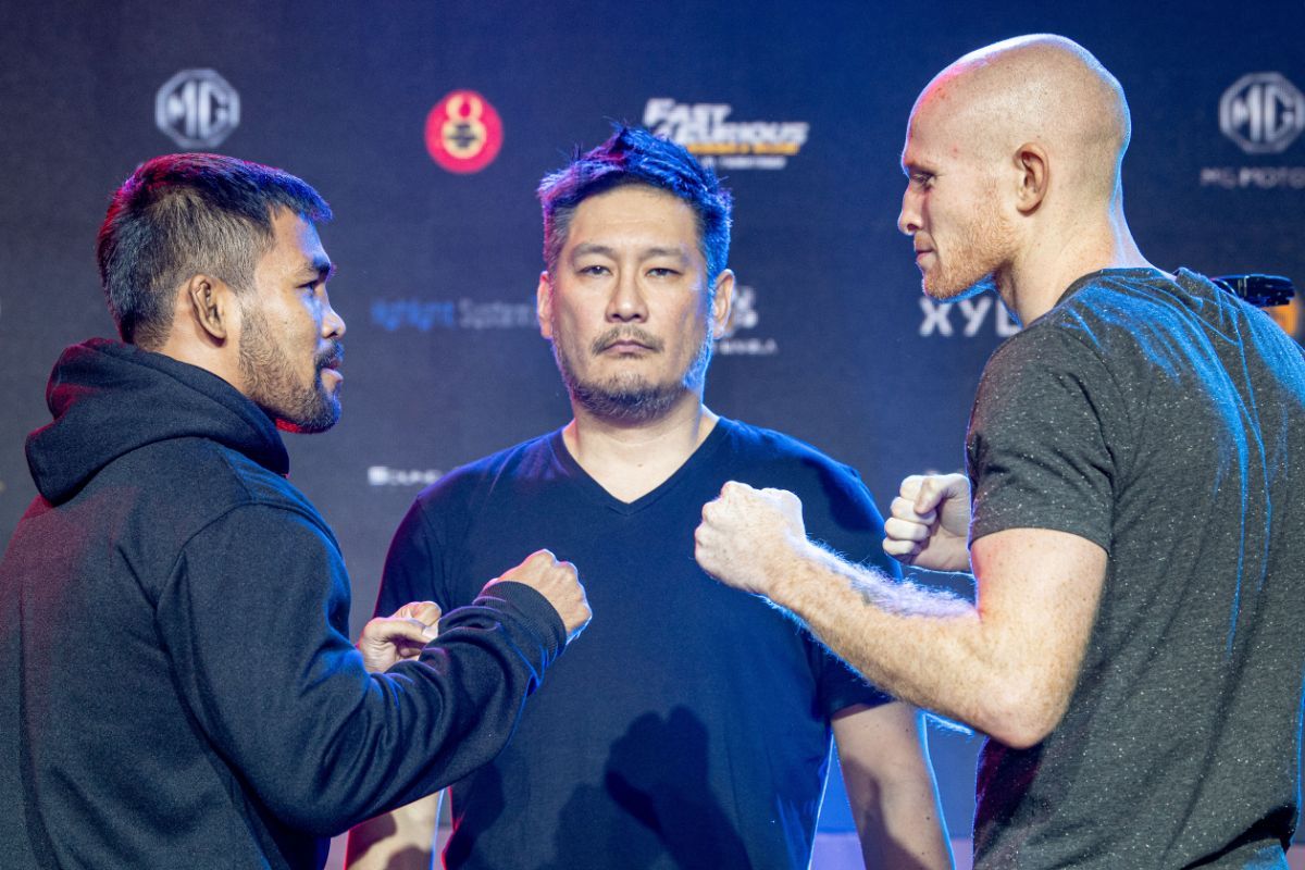 Rodlek PK.Saenchaimuaythaigym and Andrew Miller face off at the ONE DAWN OF HEROES pre-event press conference