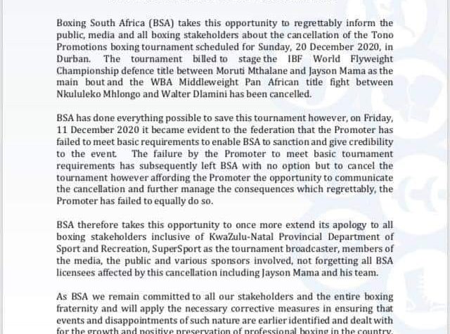 Boxing South Africa Suspends IBF World Title match between Maruti Mthalane vs Jason Mama