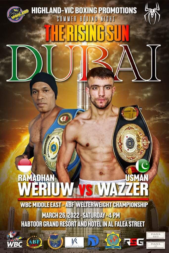 ABF champion Usman Wazzer battles Ramadhan Weriuw for the WBC Middle East and ABF Welterweight Belts