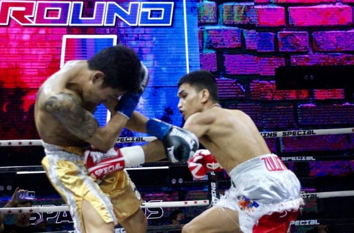 World-ranked Filipino fighter Johnmichael Zulueta lands an unintentional left on the balls of Thailand fighter Sittichai Namnual Wednesdy night at Spaceplus Bangkok, a mishap without repercussions.